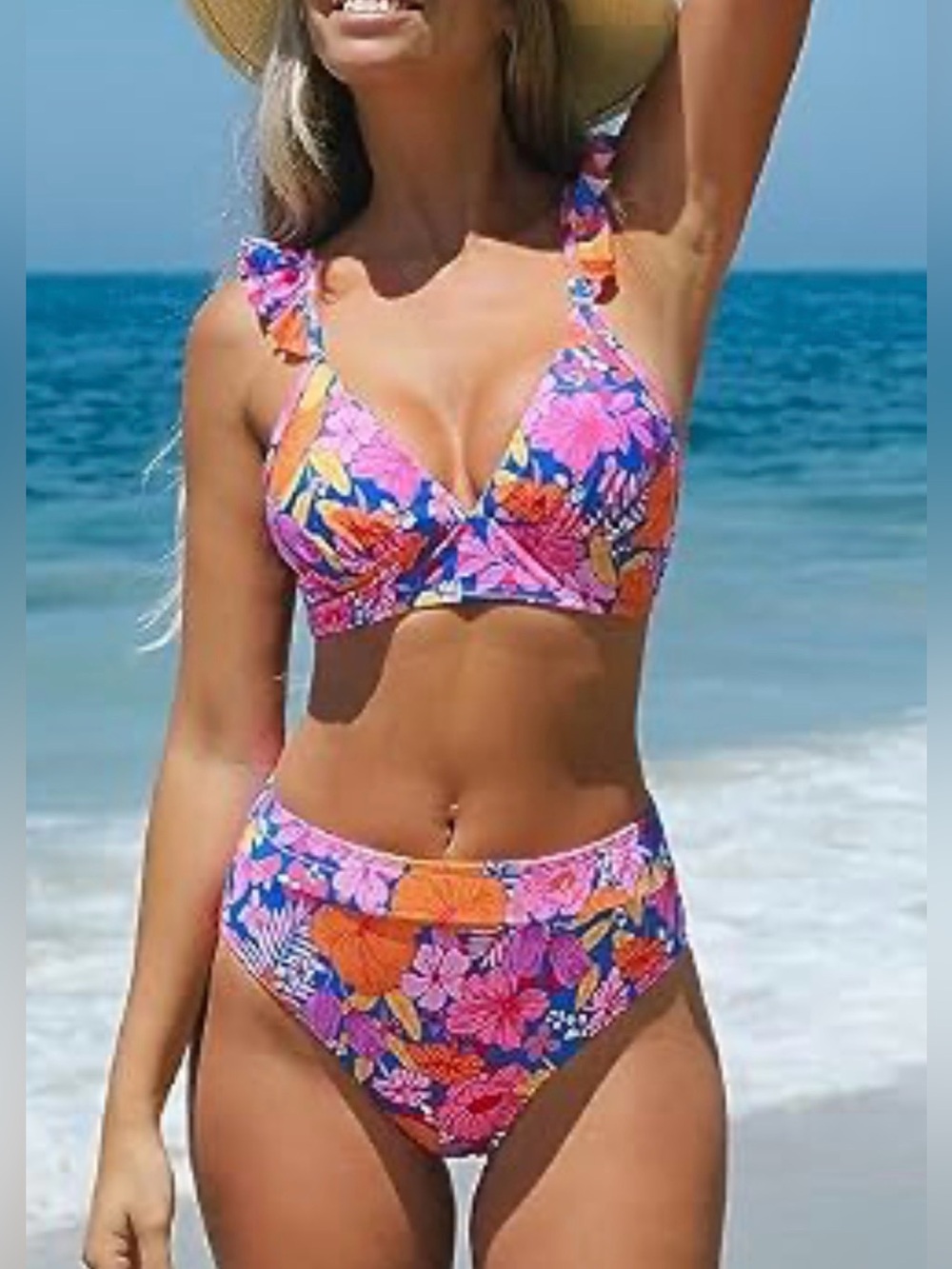 Floral Ruffle-Strap High-Waist Bikini Set - Pink & Orange